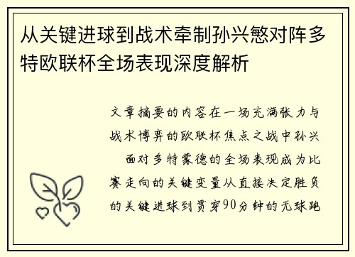 从关键进球到战术牵制孙兴慜对阵多特欧联杯全场表现深度解析