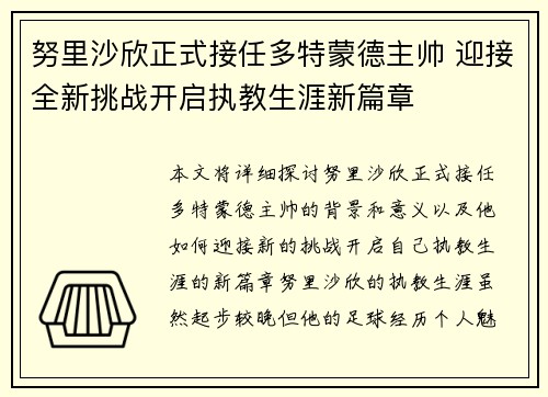 努里沙欣正式接任多特蒙德主帅 迎接全新挑战开启执教生涯新篇章